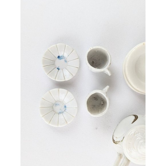 Antique White Porcelain Miniature Tea Set 9pc Dollhouse Tea Set Gold Trim 1900s - Picture 5 of 8